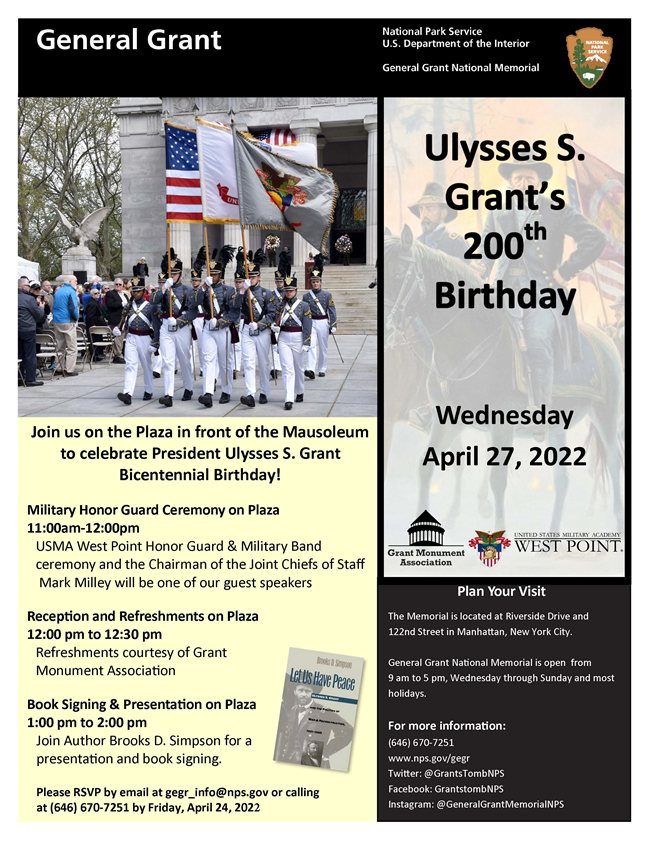 Flyer for the General Grant National Memorial's celebration of Ulysses S. Grant's 200th birthday.